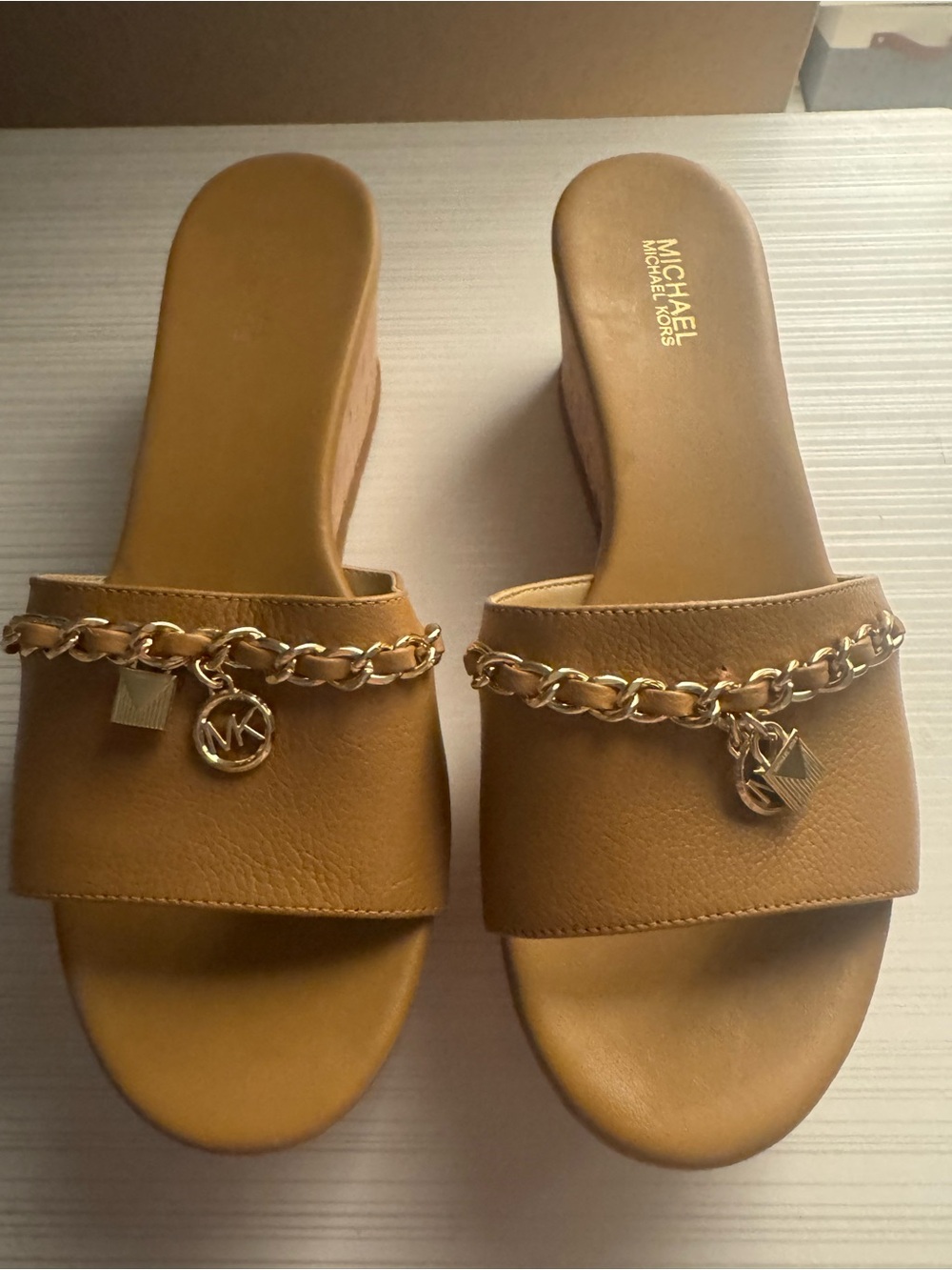 Michael Kors Cognac Leather Slide Sandals with Gold Chain Charms